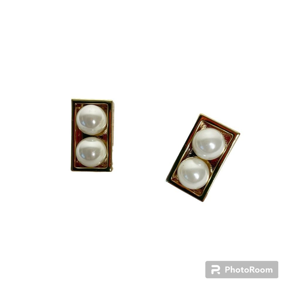 Earrings Faux Double Pearl Vintage Rectangular Post Pierced Retro 80s Gold Tone